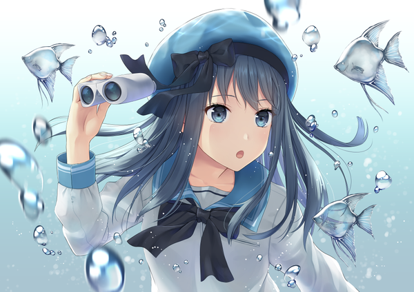 Anime picture 1000x707 with original daidai jamu single long hair blush fringe open mouth blue eyes black hair holding looking away upper body gradient background underwater girl bow animal bowtie beret bubble (bubbles)