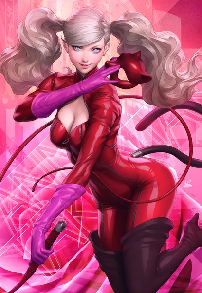 Anime picture 1800x2600 with persona 5 persona takamaki anne artgerm (stanley lau) single long hair tall image looking at viewer fringe highres breasts blue eyes blonde hair smile twintails holding signed bent knee (knees) tail animal tail