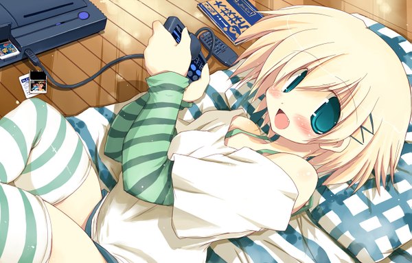 Anime picture 1407x900 with original sakaki (noi-gren) single looking at viewer blush short hair open mouth blonde hair bare shoulders aqua eyes from above teeth fang (fangs) happy playing games girl thighhighs hair ornament hairclip pillow