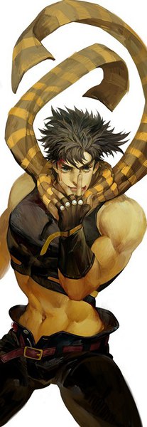 Anime picture 284x821 with jojo no kimyou na bouken joseph joestar (young) white-corner single tall image short hair black hair simple background white background bare shoulders looking away realistic midriff sleeveless muscle blood on face bleeding open pants boy gloves