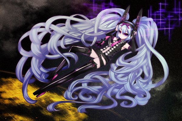 Anime picture 1200x800 with vocaloid hatsune miku long hair purple eyes twintails purple hair very long hair girl thighhighs
