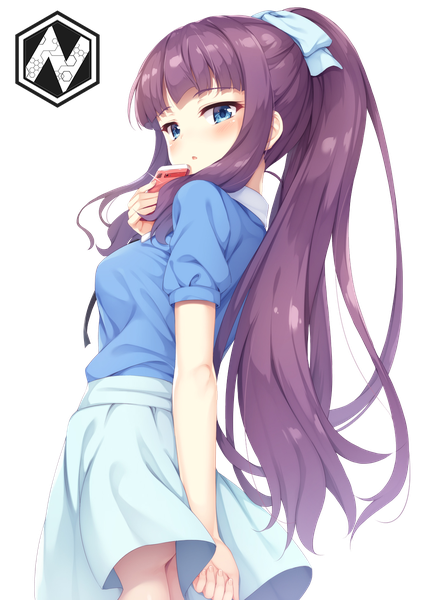 Anime picture 1032x1457 with new game! doga kobo takimoto hifumi tomifumi gecore single long hair tall image looking at viewer blush blue eyes light erotic payot purple hair ass ponytail pleated skirt short sleeves no panties watermark
