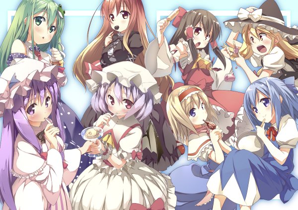 Anime picture 1200x849 with touhou hakurei reimu remilia scarlet kirisame marisa patchouli knowledge kochiya sanae alice margatroid cirno hijiri byakuren usume shirou long hair blush short hair open mouth blue eyes black hair blonde hair smile red eyes brown hair