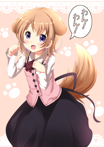 Anime picture 596x834 with gochuumon wa usagi desu ka? white fox hoto cocoa nomikata single tall image looking at viewer blush short hair open mouth blonde hair purple eyes animal ears tail long sleeves :d animal tail pink background kemonomimi mode paw pose