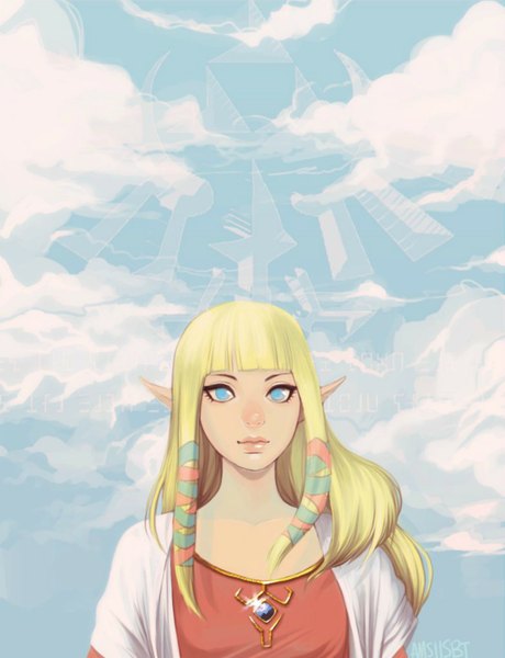 Anime picture 1083x1412 with amsbt single long hair tall image blue eyes blonde hair signed sky cloud (clouds) lips pointy ears elf face girl