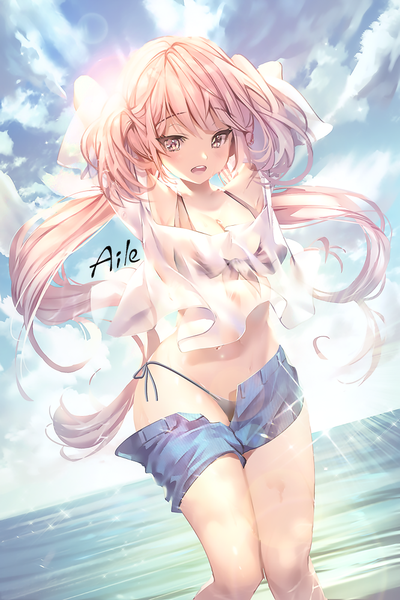 Anime picture 666x999 with original aile (crossroads) single long hair tall image looking at viewer blush open mouth light erotic twintails bare shoulders signed pink hair sky cloud (clouds) pink eyes sunlight bare belly sparkle dutch angle