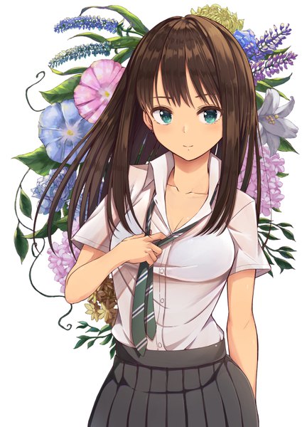 Anime-Bild 627x885 mit idolmaster idolmaster cinderella girls shibuya rin migimaki (migi mawashi) single long hair tall image looking at viewer blush fringe breasts light erotic simple background brown hair standing white background upper body pleated skirt aqua eyes light smile