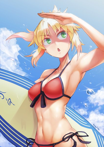 Anime picture 2480x3508 with fate (series) fate/grand order fate/apocrypha mordred (fate) mordred (swimsuit rider) (fate) kengzeta single long hair tall image fringe highres breasts light erotic blonde hair holding green eyes signed looking away sky cloud (clouds)