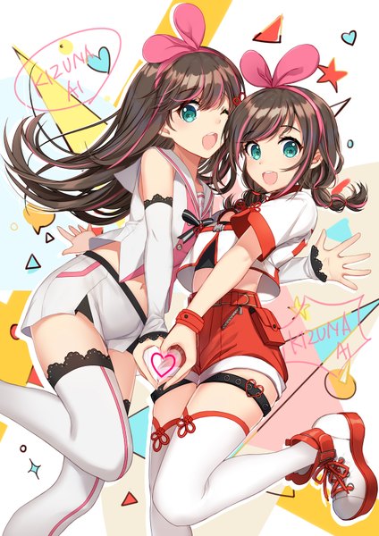 Anime picture 2480x3508 with virtual youtuber a.i. channel kizuna ai kizuna ai (chinese) bison cangshu long hair tall image looking at viewer blush fringe highres open mouth simple background smile brown hair standing multiple girls payot :d one eye closed