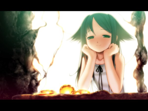 Anime-Bild 1500x1125 mit saya no uta nitroplus saya (saya no uta) long hair blush smile green eyes wallpaper chin rest dress