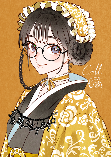 Anime picture 2481x3508 with original jun (nad-j) single tall image looking at viewer highres short hair black hair simple background smile upper body braid (braids) traditional clothes japanese clothes hair bun (hair buns) portrait yellow background braided bun girl choker