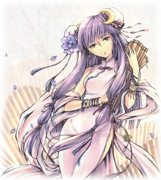 Anime picture 1094x1222 with touhou patchouli knowledge kieta single tall image purple eyes purple hair very long hair hair flower chinese clothes girl hair ornament ribbon (ribbons) petals bracelet moon chinese dress