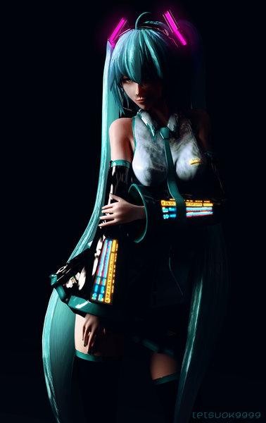 Anime picture 1700x2700 with vocaloid hatsune miku tetsuok9999 single tall image looking at viewer twintails ahoge very long hair pleated skirt aqua eyes realistic aqua hair inscription shadow black background glow girl skirt detached sleeves