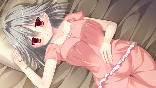 Anime picture 2048x1152 with natsu no majo no parade alisa crowley single looking at viewer blush highres short hair breasts open mouth light erotic red eyes wide image large breasts game cg lying grey hair girl pajamas