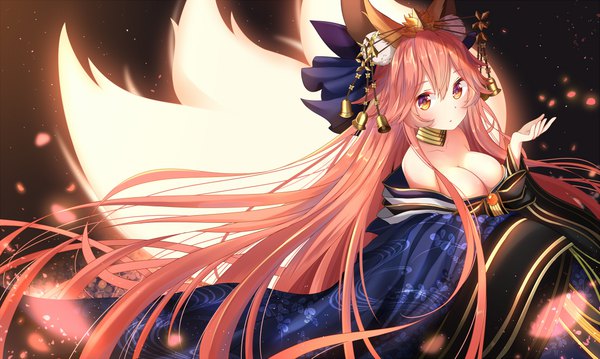 Anime picture 1100x659 with fate (series) fate/extra tamamo (fate) (all) tamamo no mae (fate) lokyin house single blush fringe breasts light erotic hair between eyes wide image large breasts animal ears yellow eyes looking away pink hair cleavage tail very long hair