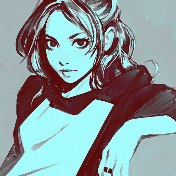 Anime picture 900x900 with original ilya kuvshinov single long hair looking at viewer fringe sitting grey background monochrome portrait close-up face sketch girl ring