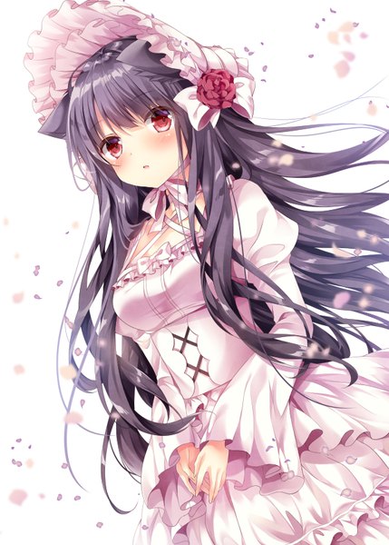 Anime picture 600x839 with original nogi takayoshi single long hair tall image blush fringe open mouth black hair red eyes standing white background animal ears looking away wind cat ears :o girl dress hat