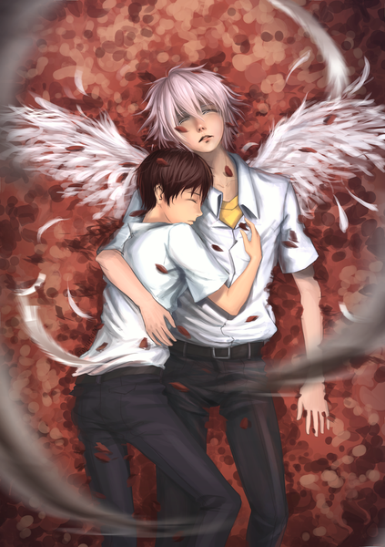 Anime picture 1000x1417 with neon genesis evangelion gainax ikari shinji nagisa kaworu reiberrycream tall image fringe short hair brown hair pink hair lying eyes closed multiple boys on back couple hug sleeping angel wings white wings boy