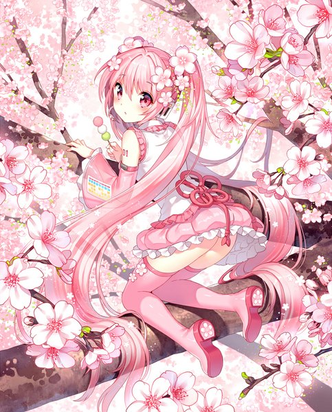 Anime picture 725x900 with vocaloid hatsune miku sakura miku nardack single tall image looking at viewer blush fringe light erotic twintails bare shoulders pink hair very long hair looking back hair flower kneeling cherry blossoms girl hair ornament