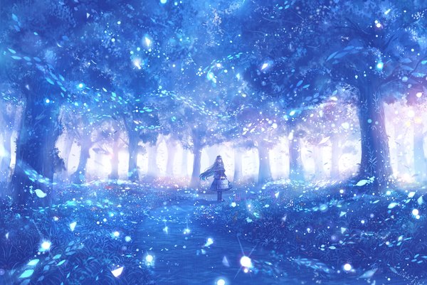 Anime picture 1800x1202 with original bounin single long hair highres standing sparkle scenic girl dress plant (plants) tree (trees) bag grass forest path