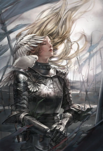 Anime picture 1625x2370 with original srasa single long hair tall image fringe blonde hair standing signed upper body outdoors eyes closed wind animal on shoulder knight bird on shoulder girl animal armor bird (birds)