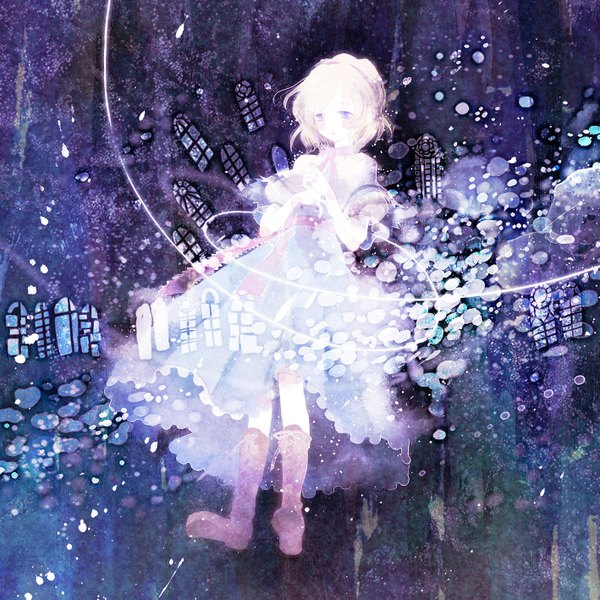 Anime picture 1417x1417 with touhou alice margatroid yoshida yoshitsugi single blush short hair blue eyes blonde hair lacing girl dress boots window hairband