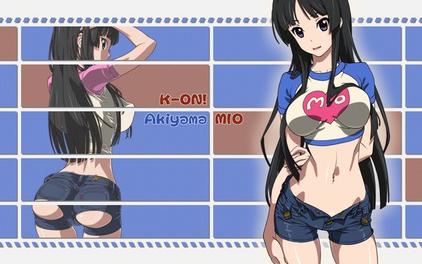 Anime picture 1920x1200 with k-on! kyoto animation akiyama mio long hair highres blue eyes light erotic black hair wide image ass looking back from behind midriff arms behind head girl navel