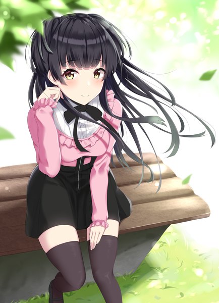 Anime picture 2456x3391 with idolmaster idolmaster shiny colors mayuzumi fuyuko yigra don single long hair tall image looking at viewer blush fringe highres black hair sitting yellow eyes outdoors long sleeves from above wind two side up zettai ryouiki