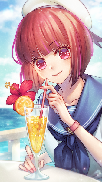 Anime picture 1080x1920 with oshi no ko arima kana cariya calco single tall image looking at viewer fringe short hair red eyes upper body outdoors red hair sailor collar girl beret clock drink drinking straw wristwatch cocktail glass