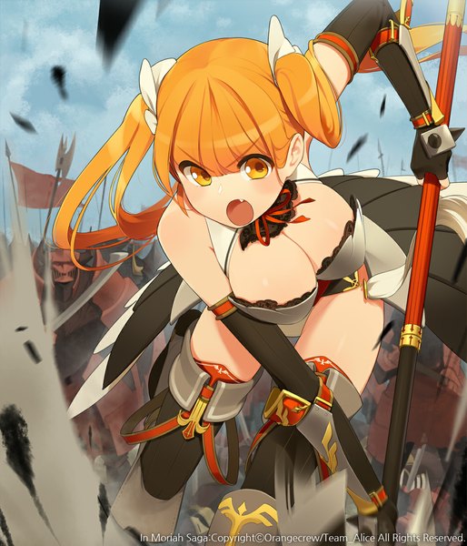Anime picture 1000x1167 with original ssberit single long hair tall image blush breasts open mouth light erotic large breasts twintails orange hair orange eyes battle girl thighhighs gloves weapon black thighhighs elbow gloves
