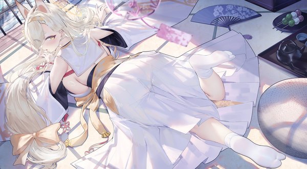Anime picture 2358x1300 with blue archive kaho (blue archive) uaxa2334 single long hair fringe highres breasts open mouth light erotic blonde hair wide image large breasts yellow eyes full body lying traditional clothes japanese clothes looking back from above