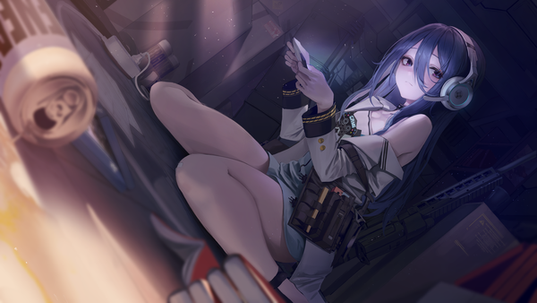Anime picture 2880x1620 with goddess of victory: nikke exia (nikke) leviathan (hikinito0902) single long hair looking at viewer fringe highres blue eyes hair between eyes wide image sitting holding blue hair indoors long sleeves blurry off shoulder dutch angle wariza