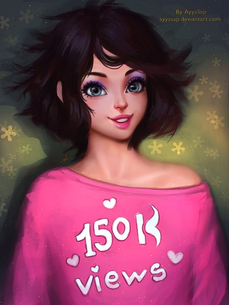 Anime picture 1500x2000 with ayyasap single tall image looking at viewer short hair black hair smile bare shoulders signed lips realistic grey eyes eyeshadow girl t-shirt