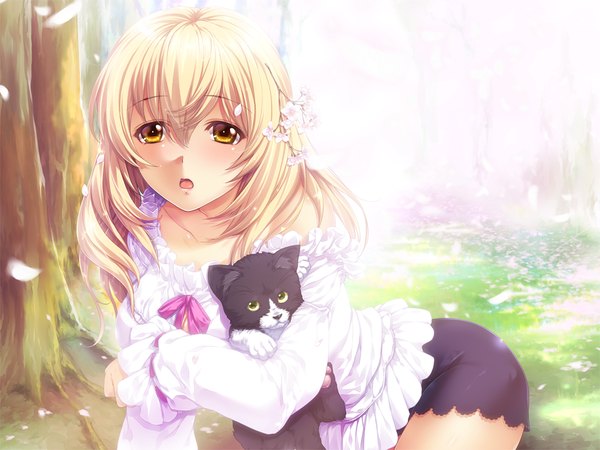 Anime picture 1024x768 with shindan no kekka sore wa koi no yamai desu tagme (character) tagme (artist) long hair looking at viewer blush open mouth blonde hair sitting yellow eyes game cg hair flower arm support cherry blossoms girl dress hair ornament flower (flowers) bow plant (plants)