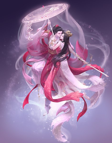 Anime picture 880x1123 with jian xia qing yuan jian xia qing yuan online 3 cony (comicsun) long hair tall image black hair simple background holding full body bent knee (knees) traditional clothes barefoot arm up couple hug hieroglyph face to face purple background weightlessness girl