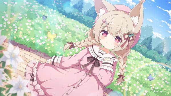 Anime picture 2048x1152 with original tyomimas single long hair blush highres blonde hair smile wide image animal ears sky cloud (clouds) outdoors braid (braids) pink eyes dutch angle twin braids girl dress insect