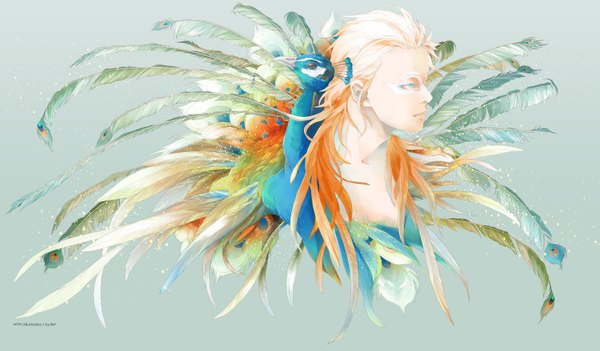 Anime picture 1504x882 with original re (artist) single long hair blue eyes simple background blonde hair wide image signed looking away facial mark boy animal bird (birds) feather (feathers) peacock