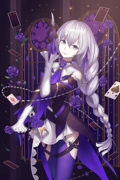 Anime picture 3000x4500 with original rinmmo single long hair tall image looking at viewer blush fringe highres blue eyes hair between eyes standing holding silver hair indoors braid (braids) head tilt light smile night sparkle