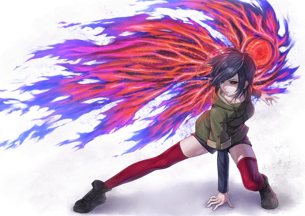 Anime picture 1299x918 with tokyo ghoul studio pierrot kirishima touka toamariitutu single short hair open mouth black hair red eyes white background wind shadow fighting stance black sclera girl thighhighs jacket shorts short shorts flame