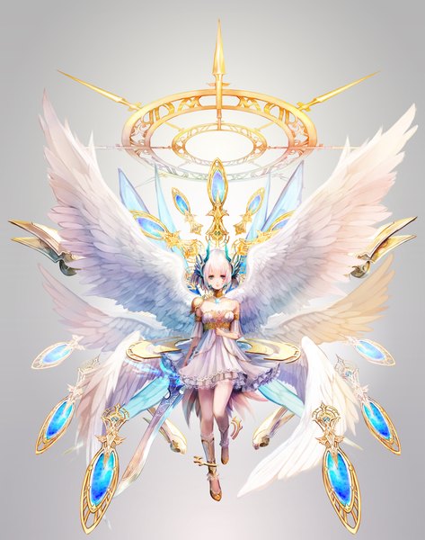Anime picture 1800x2284 with original aka tonbo (lovetow) single tall image looking at viewer highres short hair blue eyes simple background bare shoulders white hair grey background girl dress weapon sword wings jewelry feather (feathers)