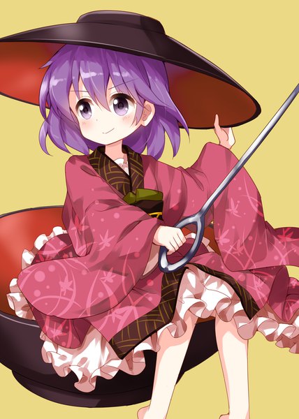 Anime picture 1000x1400 with touhou sukuna shinmyoumaru ruu (tksymkw) single tall image blush fringe short hair simple background smile hair between eyes purple eyes looking away purple hair traditional clothes japanese clothes yellow background >:) girl kimono