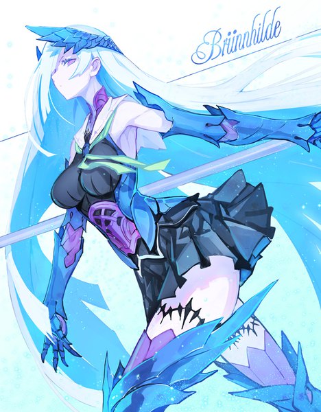 Anime picture 693x889 with fate (series) fate/prototype brynhildr (fate) ryuuzaki ichi single tall image fringe breasts simple background white background purple eyes very long hair profile pleated skirt hair over one eye armpit (armpits) girl skirt hair ornament armor