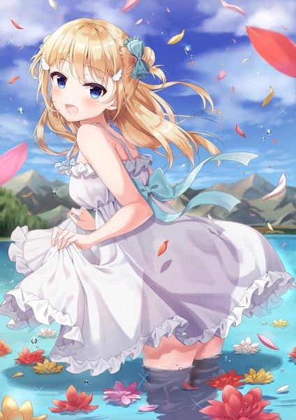 Anime picture 2894x4093 with original shiono (0303) single long hair tall image looking at viewer blush fringe highres open mouth blue eyes blonde hair smile standing sky cloud (clouds) :d wind sparkle hair bun (hair buns)