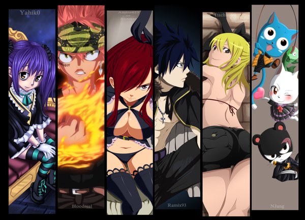 Anime picture 1590x1149 with fairy tail lucy heartfilia erza scarlet natsu dragneel gray fullbuster wendy marvell happy (fairy tail) charle (fairy tail) panther lily natilokijung ironizer advance996 itachis999 cursedicedragon yahik0 (artist) long hair blush fringe short hair light erotic