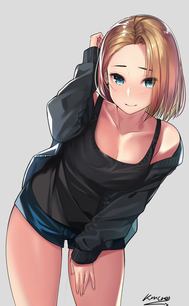 Anime picture 1093x1770 with original kagematsuri single tall image looking at viewer blush fringe short hair breasts blue eyes simple background blonde hair smile standing signed cleavage off shoulder grey background open jacket leaning
