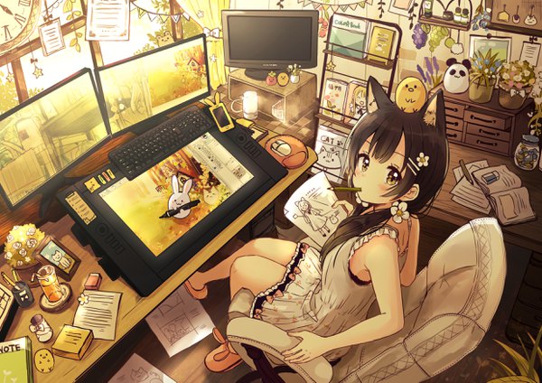 Anime picture 2480x1754 with original sakura oriko single long hair looking at viewer blush fringe highres black hair sitting bare shoulders holding animal ears yellow eyes payot indoors hair flower from above sleeveless mouth hold
