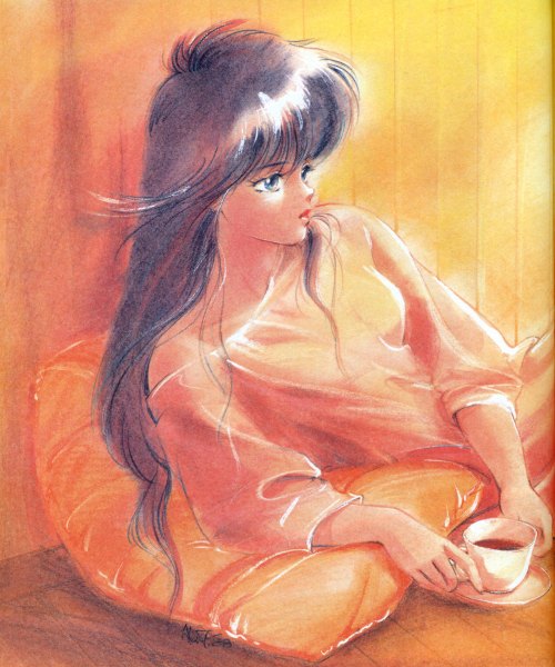 Anime picture 2000x2400 with kimagure orange road ayukawa madoka takada akemi long hair tall image highres blue eyes black hair reclining 80s girl pillow cup