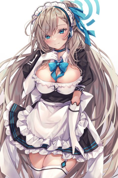 Anime picture 1353x2048 with blue archive asuna (blue archive) sorashima (117) single tall image blush fringe blue eyes light erotic simple background blonde hair hair between eyes white background looking away cleavage very long hair mole maid mole on breast girl