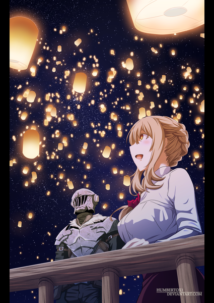 Anime picture 1700x2400 with goblin slayer! white fox goblin slayer guild girl (goblin slayer!) kannatsuki noboru humbertox1 long hair tall image blush fringe breasts open mouth blonde hair hair between eyes large breasts standing signed yellow eyes payot outdoors