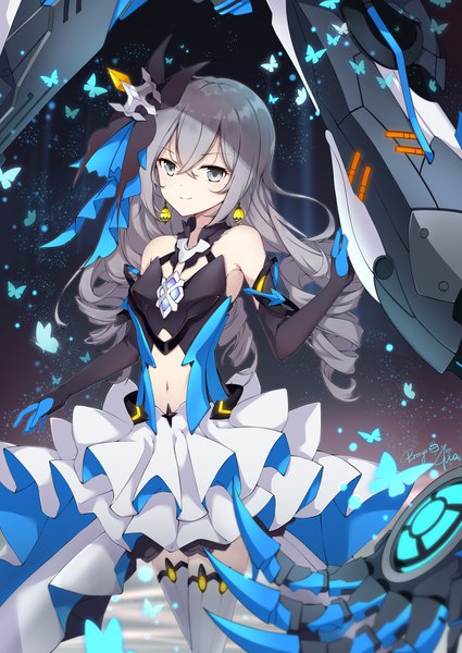 Anime picture 1200x1694 with honkai impact 3rd honkai (series) bronya zaychik bronya zaychik (herrscher of reason) project bunny poinia single long hair tall image looking at viewer fringe smile hair between eyes standing bare shoulders signed payot grey hair drill hair frilled dress